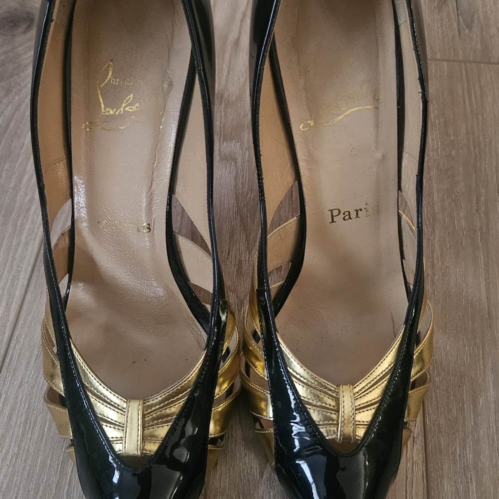 Christian Louboutin Black Patent Pumps with Gold Accents